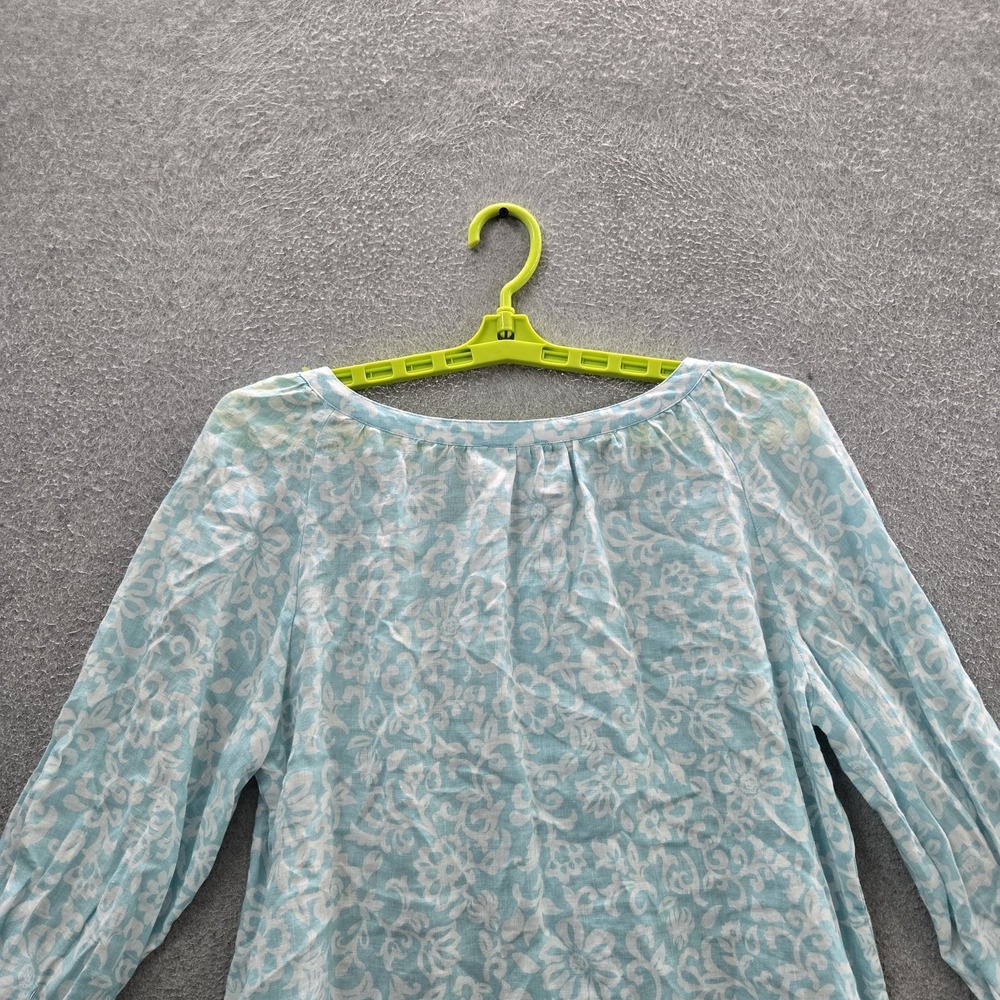 Charter Club Women Blouse L Light Blue Linen Floral Button Ruffle Scoop Neck - Picture 6 of 7